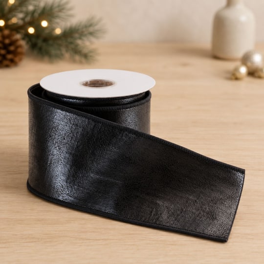 Melrose 4" x 5yd. Dark Brown Faux Leather Wired Ribbon